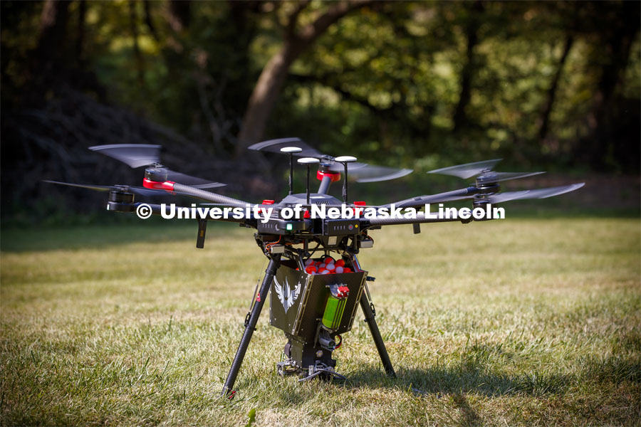 Carrick Detweiler and crew flies the Drone Amplified Ignis drone system which drops ball that ignite to create back burns to fight wildfires. September 6, 2019. Photo by Craig Chandler / University Communication.