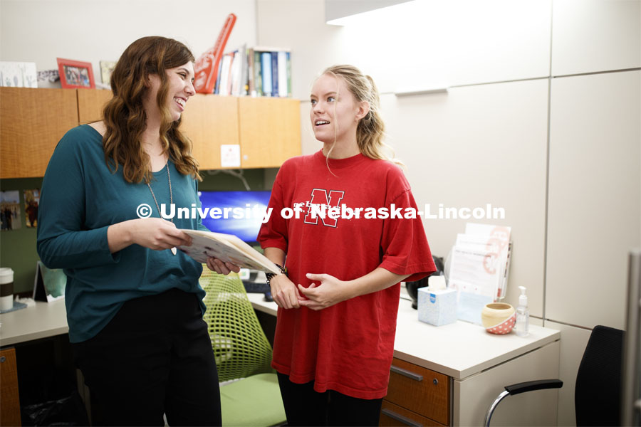 Kelsey Yadon, Academic Advisor, meets with students to help explore options for their college major. Explore Center photo shoot. September 10, 2019. Photo by Craig Chandler / University Communication.