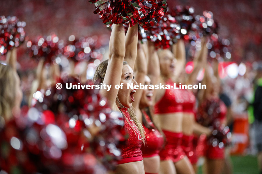 The Scarlets Dance Team puts on a performance at the Nebraska vs. Northern Illinois football game. September 14, 2019. Photo by Craig Chandler / University Communication.