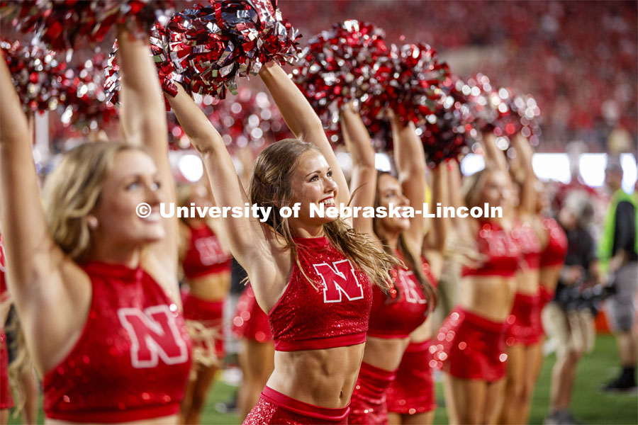 The Scarlets Dance Team puts on a performance at the Nebraska vs. Northern Illinois football game. September 14, 2019. Photo by Craig Chandler / University Communication.