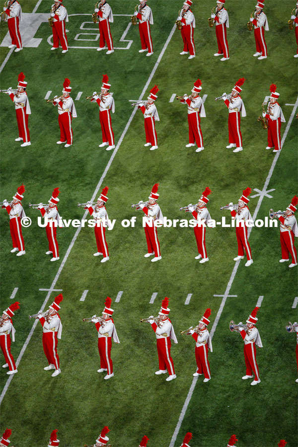 Cornhusker Marching Band in formation at the Nebraska vs. Northern Illinois football game. September 14, 2019. Photo by Craig Chandler / University Communication.