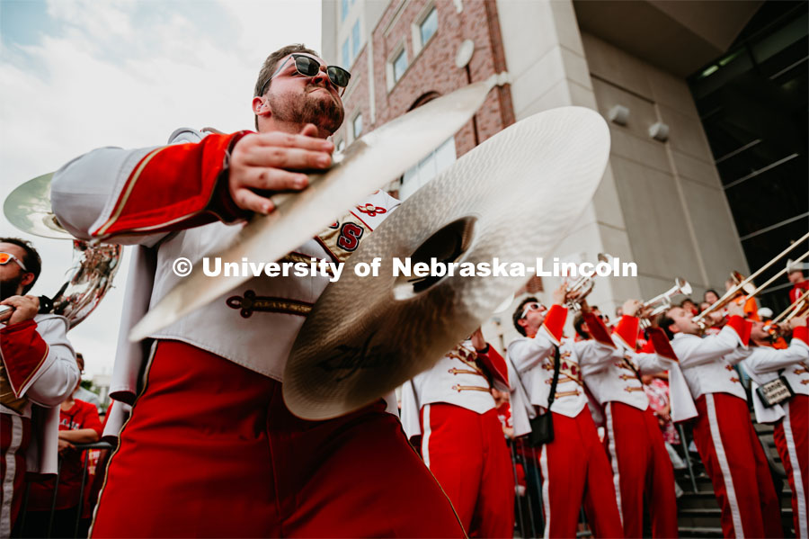 Cornhusker Marching Band, Luke Bogus playing cymbals at unity walk. Nebraska vs. Northern Illinois football game. September 14, 2019. Photo by Justin Mohling / University Communication.