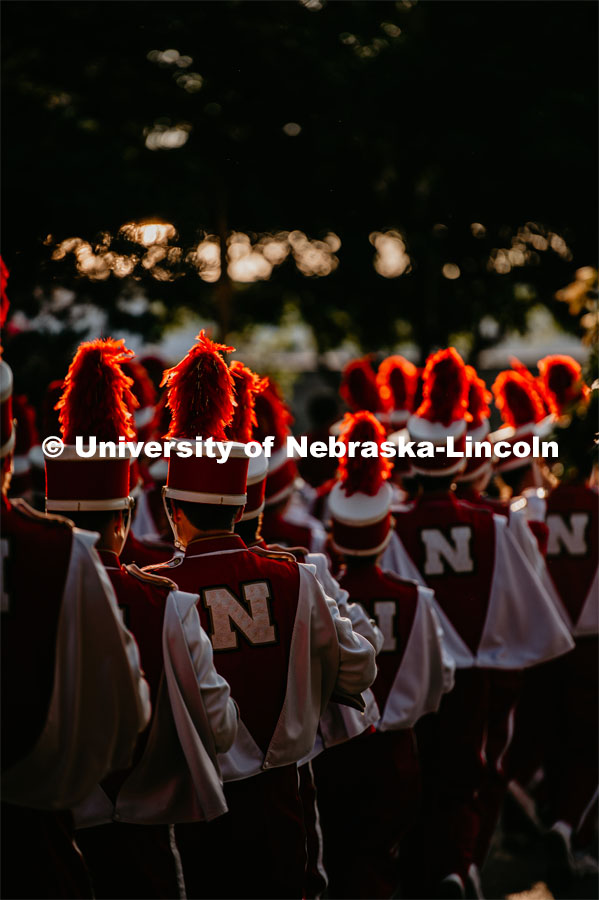 Cornhusker Marching Band trumpet section during march down. Nebraska vs. Northern Illinois football game. September 14, 2019. Photo by Justin Mohling / University Communication.