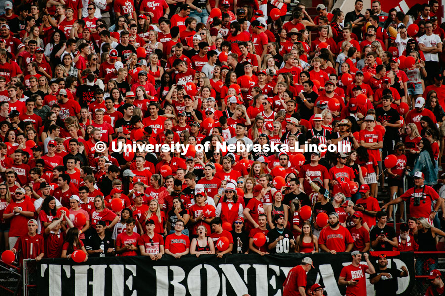 The Boneyard student section from across field. Nebraska vs. Northern Illinois football game. September 14, 2019. Photo by Justin Mohling / University Communication.