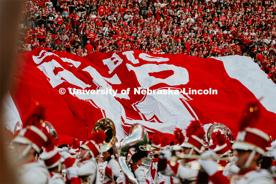 Engineering Go Big Red Flag is spread out over the fans. Nebraska vs. Northern Illinois football game. September 14, 2019. Photo by Justin Mohling / University Communication.