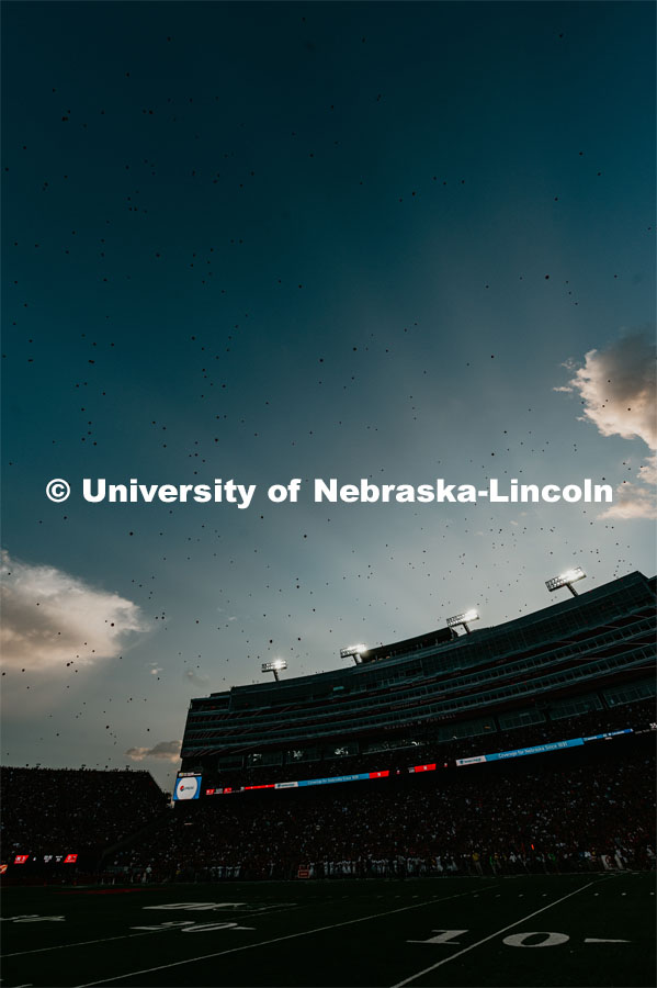 West stadium with balloons and sunset. Nebraska vs. Northern Illinois football game. September 14, 2019. Photo by Justin Mohling / University Communication.