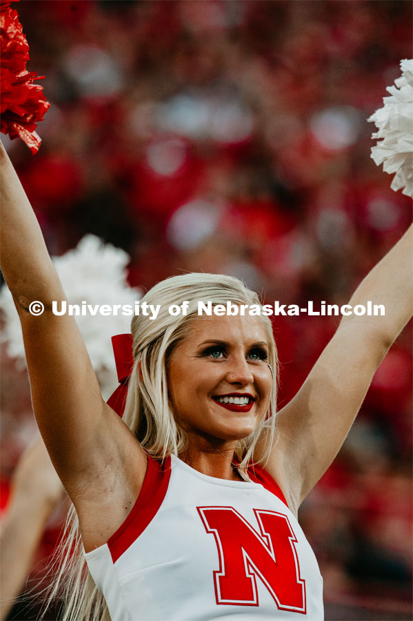 Husker Cheerleader at the Nebraska vs. Northern Illinois football game. September 14, 2019. Photo by Justin Mohling / University Communication.