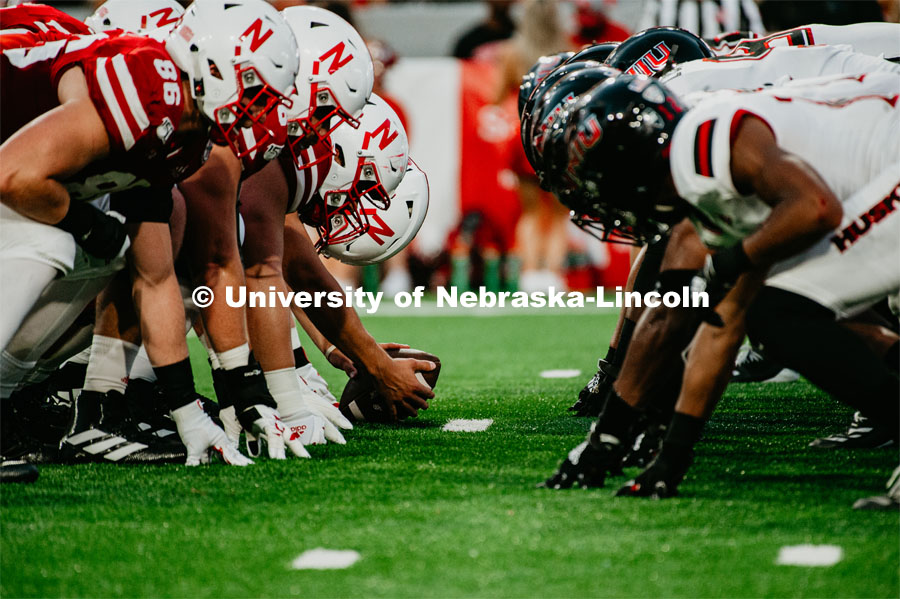 Players line up for play at the Nebraska vs. Northern Illinois football game. September 14, 2019. Photo by Justin Mohling / University Communication.