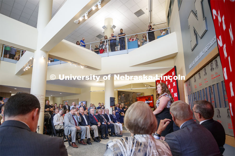 College of Engineering student Delaney Bachman, senior in chemical engineering, speaks to the crowd at the announcement of the naming of Kiewit Hall, the new College of Engineering building on the UNL campus. September 16, 2019. Photo by Craig Chandler / University Communication.