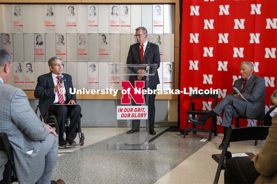College of Engineering Dean, Lance Perez speaks to the crowd at the announcement of the naming of Kiewit Hall, the new College of Engineering building on the UNL campus. September 16, 2019. Photo by Craig Chandler / University Communication.