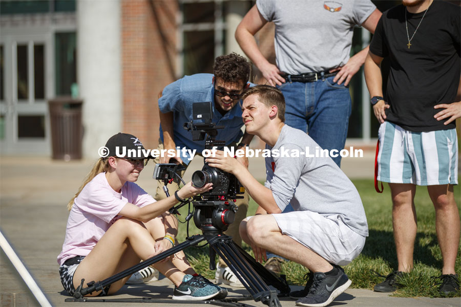 Students in THEA 426 - Lighting for Film, practice lighting techniques while shooting outside the visitor’s center. September 17, 2019. Photo by Craig Chandler / University Communication.