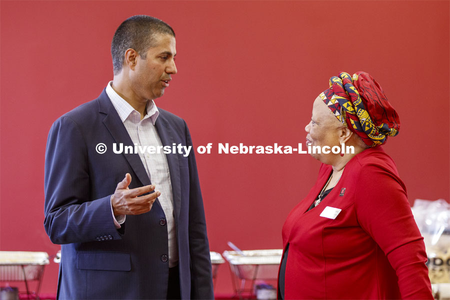 Ajit Pai, chairman of the Federal Communications Commission, is introduced by Anna Shavers, acting dean of the law school. Pai visited the University of Nebraska–Lincoln on Sept. 18. The visit is hosted by the University of Nebraska College of Law’s Space, Cyber and Telecommunications Law program and its co-director Gus Hurwitz. September 18, 2019. Photo by Craig Chandler / University Communication.