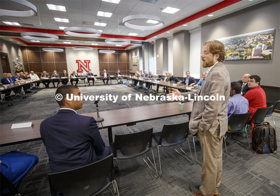 Ajit Pai, chairman of the Federal Communications Commission, and Gus Hurwitz, Co-Director, Space/Cyber/Telecomm Program and College of Law Associate Professor, talk at a Nebraska business roundtable at the Nebraska Union.  Pai visited the University of Nebraska–Lincoln on Sept. 18. The visit is hosted by the University of Nebraska College of Law’s Space, Cyber and Telecommunications Law program and its co-director Gus Hurwitz. September 18, 2019. Photo by Craig Chandler / University Communication.