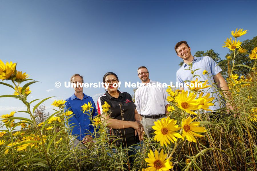From left: Craig Allen, Simanti Banerjee, Dirac Twidwell and Daniel Uden are researching regional environmental change with the help of an NSF grant. The grant will develop resilience informatics screening tools for more advanced and earlier detection of vegetation transitions. September 18, 2019. Photo by Craig Chandler / University Communication.
