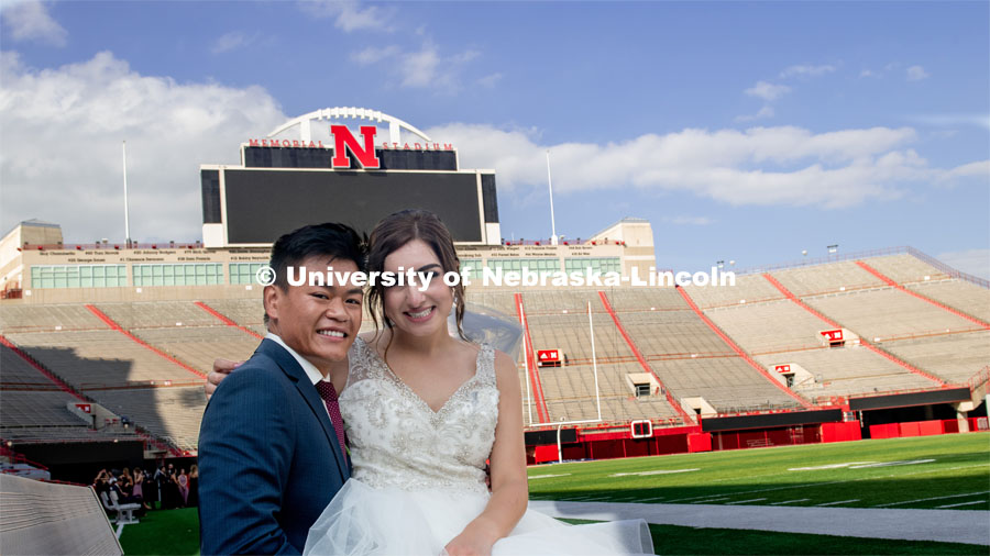 Homecoming week is a special time for Laura and Shayne Arriola. In 2017, the two were crowned homecoming king and queen, and Shayne proposed in front of 90,000 Husker fans. Two weeks ago, Laura and Shayne were married and celebrated their wedding with photos at Memorial Stadium. September 21, 2019. Photo by Gregory Nathan / University Communication.