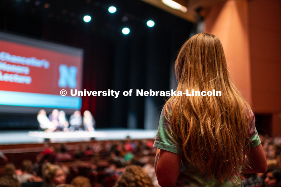 Honors students gather in the Lied Center for a town hall meeting with Chancellor Ronnie Green. September 24, 2019. Photo by Justin Mohling / University Communication.