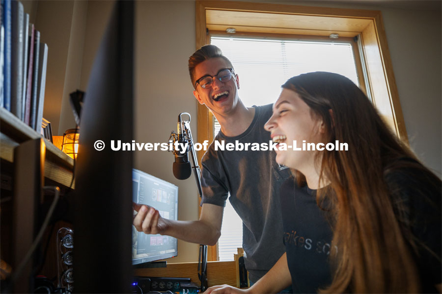 Students studying in a Kauffman Academic Residential Center dorm room. Raikes school photo shoot. September 25, 2019. Photo by Craig Chandler / University Communication.