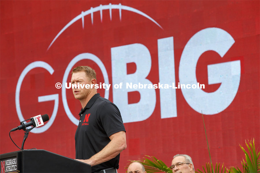 Scott Frost talks about the program. Ceremony for Nebraska is planning a 350,000-square-foot athletics facility will be constructed east and north of Memorial Stadium. Work will begin summer 2020 and be completed in summer 2022. September 27, 2019. Photo by Craig Chandler / University Communication.