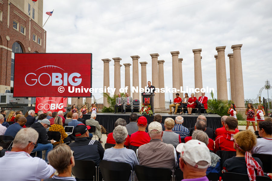 Scott Frost talks about the program. Ceremony for Nebraska is planning a 350,000-square-foot athletics facility will be constructed east and north of Memorial Stadium. Work will begin summer 2020 and be completed in summer 2022. September 27, 2019. Photo by Craig Chandler / University Communication.