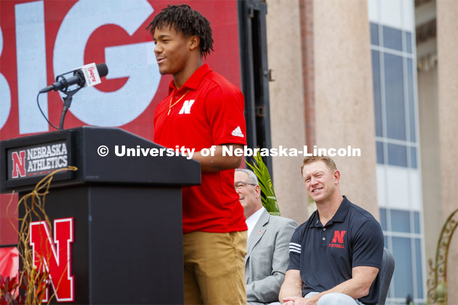 Scott Frost smiles as Wan'Dale Robinson describes being a Husker. Ceremony for Nebraska is planning a 350,000-square-foot athletics facility will be constructed east and north of Memorial Stadium. Work will begin summer 2020 and be completed in summer 2022. September 27, 2019. Photo by Craig Chandler / University Communication.