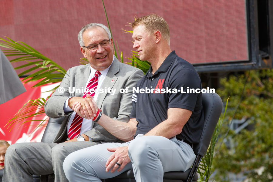 Bill Moos shakes hands with Scott Frost. Ceremony for Nebraska is planning a 350,000-square-foot athletics facility will be constructed east and north of Memorial Stadium. Work will begin summer 2020 and be completed in summer 2022. September 27, 2019. Photo by Craig Chandler / University Communication.