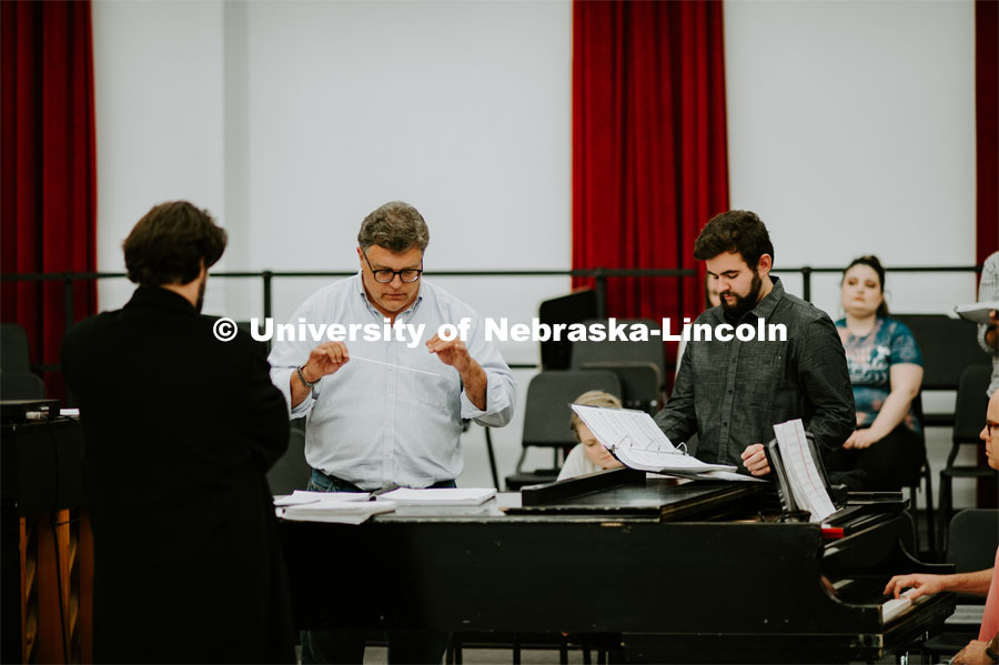 UNL Opera members rehearse Tyler White’s, The Gambler’s Son. UNL Opera will bring the world premiere of The Gambler’s Son to Cozad, Nebraska, October 17, 2019. Pictured: Tyler White conducting students. September 27, 2019. Photo by Justin Mohling / University Communication.