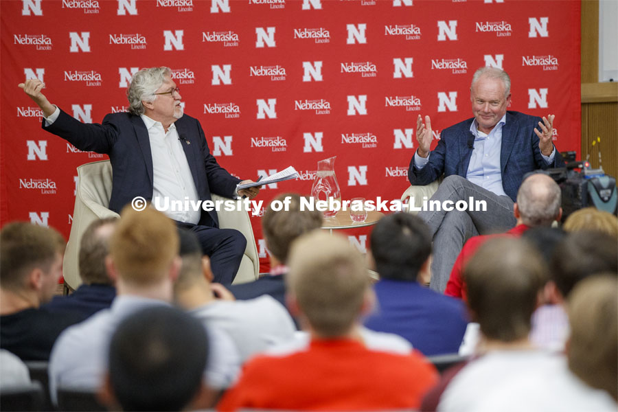 Jeff Raikes, co-founder of the Raikes Foundation, and Kevin Johnson, president and chief executive officer for Starbucks, talk Friday afternoon during a conversation in Hawks Hall. September 27, 2019. Photo by Craig Chandler / University Communication.