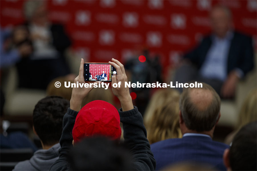 Jeff Raikes, co-founder of the Raikes Foundation, and Kevin Johnson, president and chief executive officer for Starbucks, talk Friday afternoon during a conversation in Hawks Hall. September 27, 2019. Photo by Craig Chandler / University Communication.