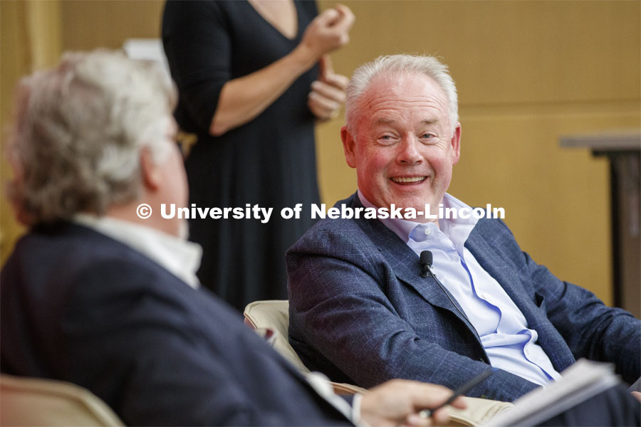 Kevin Johnson, president and chief executive officer for Starbucks, and Jeff Raikes, co-founder of the Raikes Foundation, talk Friday afternoon during a conversation in Hawks Hall. Kevin visited the University of Nebraska–Lincoln to share his insights on corporate responsibility, risk-taking and the importance of human connection throughout his career. September 27, 2019. Photo by Craig Chandler / University Communication.