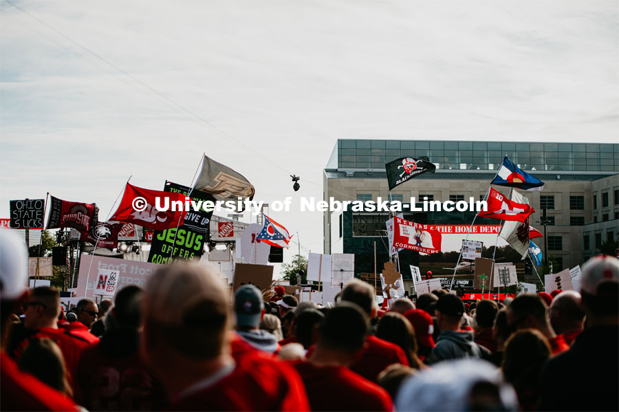 Crowd for GameDay with signs and flags. Nebraska vs. Ohio State University football game. September 28, 2019. Photo by Justin Mohling / University Communication.