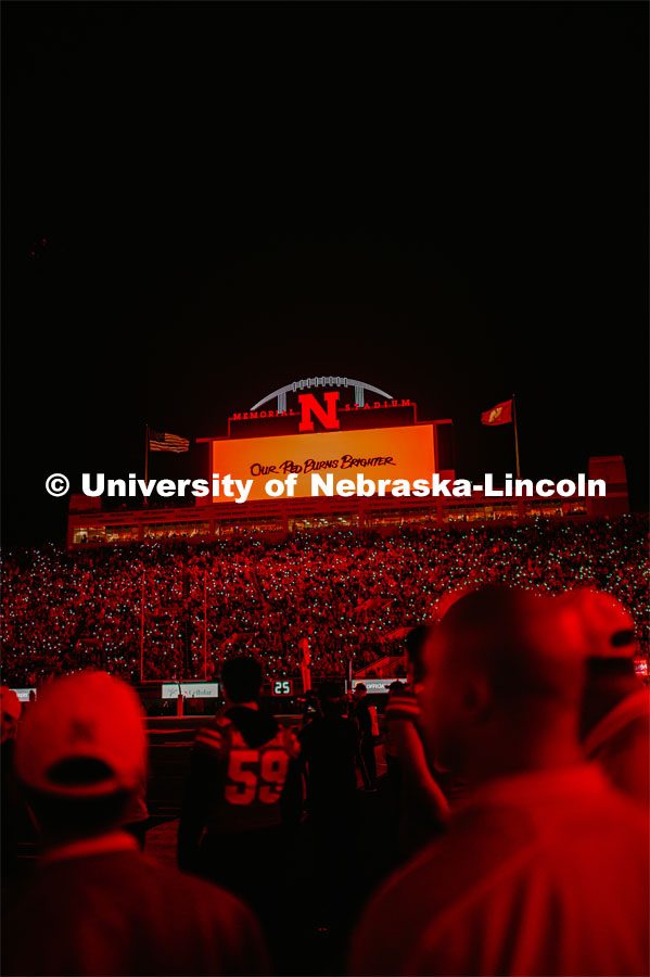 Our Red Burns Brighter 3rd quarter light show. Nebraska vs. Ohio State University football game. September 28, 2019. Photo by Justin Mohling / University Communication.