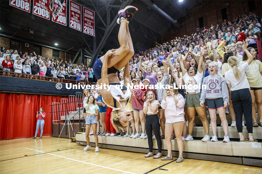 Cecilia Koiterman, freshman from Omaha, helps fire up her Alpha Phi sorority sisters before the Showtime at the Coliseum. Performances as part of Homecoming week. September 30, 2019. Photo by Craig Chandler / University Communication.