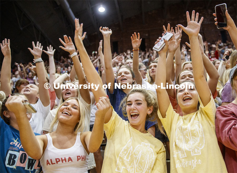 Alpha Phi sorority members cheer before the performance. Showtime at the Coliseum performances as part of Homecoming week. September 30, 2019. Photo by Craig Chandler / University Communication.