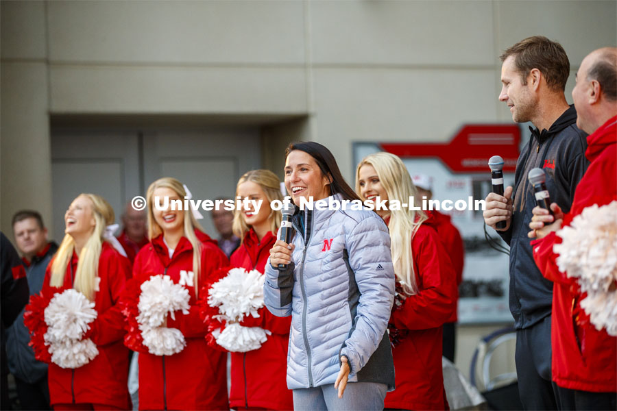 Husker women's basketball head coach Amy Williams and men's basketball coach Fred Hoiberg talk to the crowd to kick off Cornstock. Cornstock celebration and Homecoming Parade. October 4, 2019. Photo by Craig Chandler / University Communication.