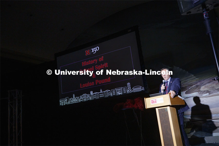 Chancellor Ronnie Green introduces the speaker for the Nebraska Lecture. Debra Kleve White, alumni and former member of the spirit squad, presents the Homecoming Nebraska Lecture, “Louise Pound and the History of UNL School Spirit”. October 4, 2019. Photo by Craig Chandler / University Communication.