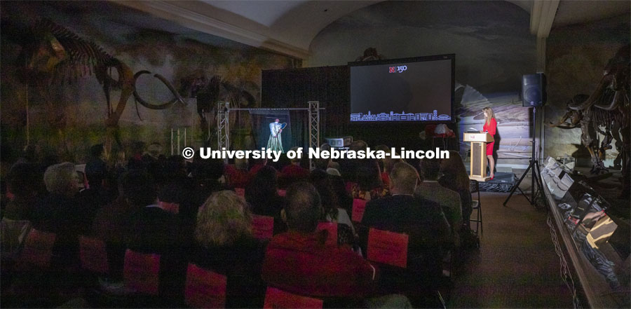 A hologram produced by engineering students using a fellow student in the role of Louise Pound talks with Debra Kleve White, alumni and former member of the spirit squad, during the lecture. White presented the Homecoming Nebraska Lecture, “Louise Pound and the History of UNL School Spirit”. October 4, 2019. Photo by Craig Chandler / University Communication.