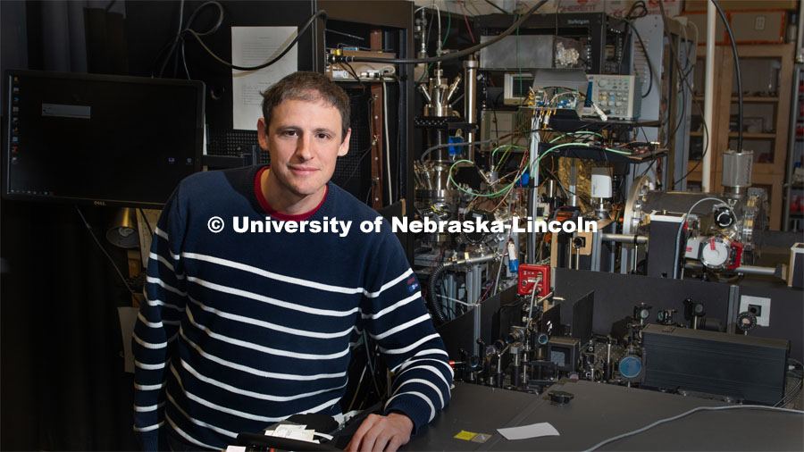 Nebraska's Martin Centurion has earned a $2 million U.S. Department of Energy grant to capture moving images of single molecules in chemical transformations triggered by light. Martin heads the Ultrafast Dynamics laboratory. October 16, 2019. Photo by Greg Nathan / University Communication