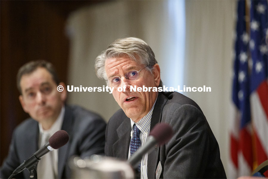 Frans von Der Dunk, Nebraska Law professor, talks during a panel on commercial space legislation. Global Perspectives on Space Law and Policy conference in Washington D.C.  October 18, 2019. 12th Annual University of Nebraska D.C. Space Law Conference. Space, Cyber and Telecommunications Law program. Photo by Craig Chandler / University Communication.