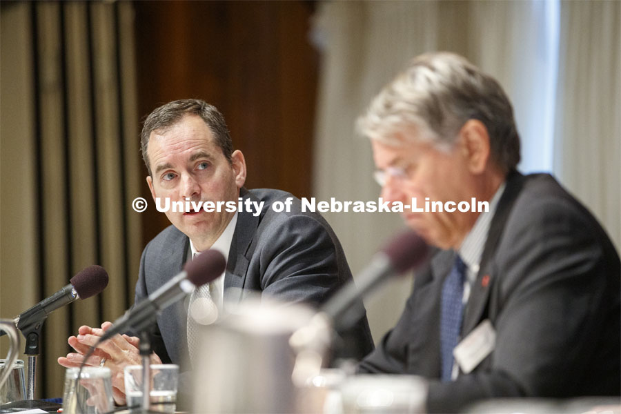 Matthew Schaefer, Nebraska Law professor, moderates a panel on commercial space legislation. Global Perspectives on Space Law and Policy conference in Washington D.C.  October 18, 2019. 12th Annual University of Nebraska D.C. Space Law Conference. Space, Cyber and Telecommunications Law program.  Photo by Craig Chandler / University Communication.