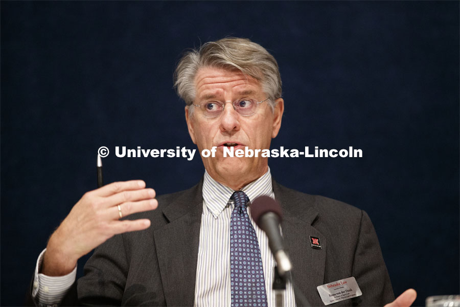 Frans von Der Dunk, Nebraska Law professor, talks during a panel on the Woomera Namual for military activities in outer space. Global Perspectives on Space Law and Policy conference in Washington D.C. October 18, 2019. 12th Annual University of Nebraska D.C. Space Law Conference. Space, Cyber and Telecommunications Law program. Photo by Craig Chandler / University Communication.