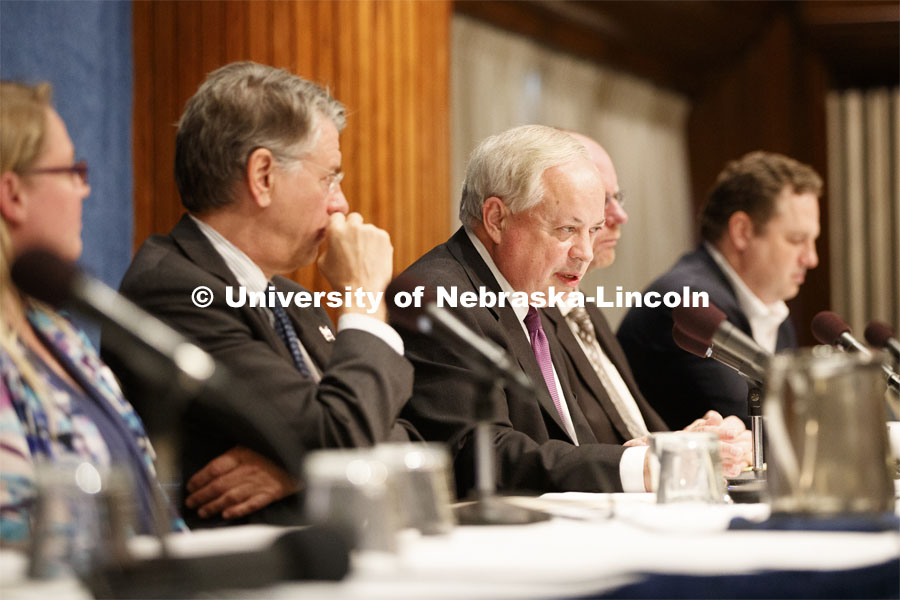 Jack Beard, Nebraska Law professor, moderates a panel on the Woomera Namual for military activities in outer space. Global Perspectives on Space Law and Policy conference in Washington D.C. October 18, 2019. 12th Annual University of Nebraska D.C. Space Law Conference. Space, Cyber and Telecommunications Law program. Photo by Craig Chandler / University Communication.