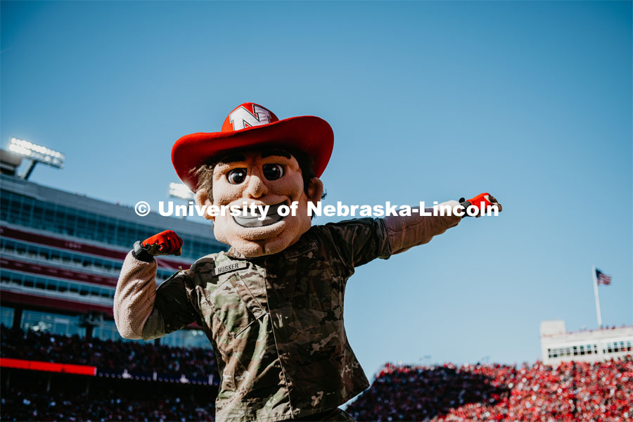 Herbie Husker is decked out in military fatigues for the Nebraska vs. Indiana University football game. October 26, 2019. Photo by Justin Mohling / University Communication.