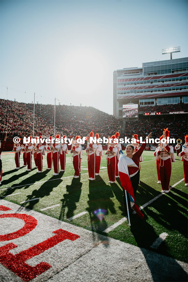 Cornhusker Marching Band perform at the Nebraska vs. Indiana University football game. October 26, 2019. Photo by Justin Mohling / University Communication.