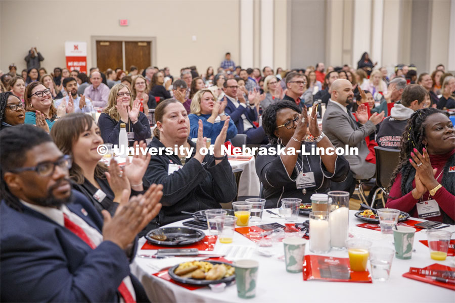 The crowd applauds Nebraska's Angela Mercurio, NCAA's 2019 Woman of the Year, who video steamed her thoughts at the State of Diversity summit. October 29, 2019. Photo by Craig Chandler / University Communication.