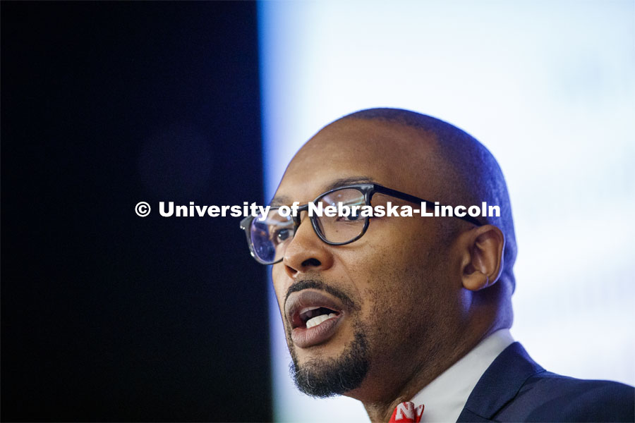 Marco Barker, Vice Chancellor for Diversity and Inclusion, gives the State of Diversity and Inclusion summit in the Union Ballroom. October 29, 2019. Photo by Craig Chandler / University Communication.