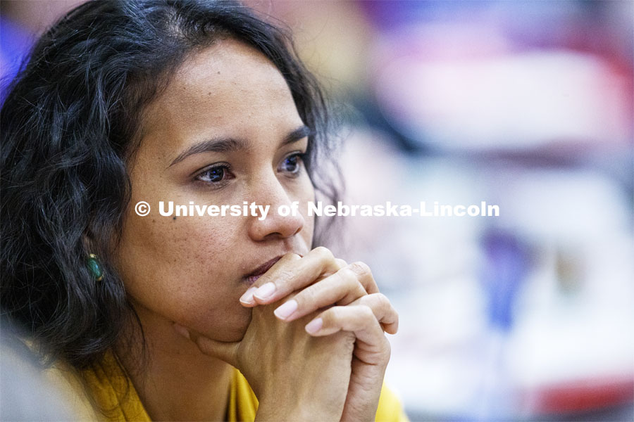 Emy Kata, Graduate Student in Educational Administration, listens to Marco Barker give the State of Diversity. October 29, 2019. Photo by Craig Chandler / University Communication.