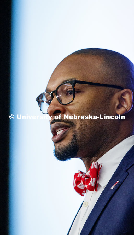 Marco Barker, Vice Chancellor for Diversity and Inclusion, gives the State of Diversity and Inclusion summit in the Union Ballroom. October 29, 2019. Photo by Craig Chandler / University Communication.