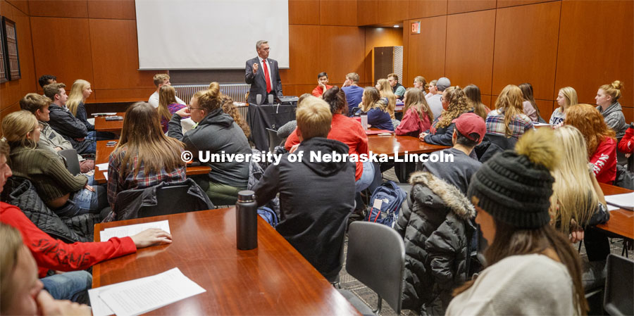Chancellor Ronnie Green talks with the Chancellor's Leadership class Thursday. October 31, 2019. Photo by Craig Chandler / University Communication.