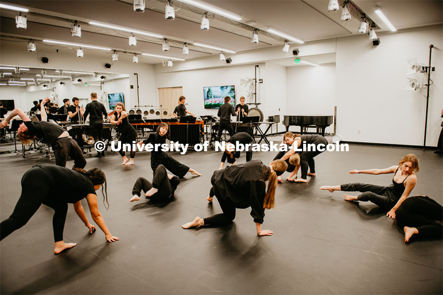 First Friday performances in the Johnny Carson Center for Emerging Media Arts, dance featuring the University of Nebraska Percussion Ensemble. November 1, 2019. Photo by Justin Mohling for University Communication.