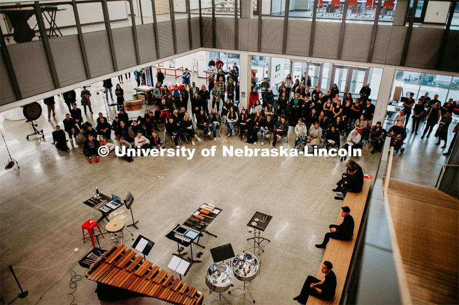First Friday performances in the Johnny Carson Center for Emerging Media Arts, featuring the University of Nebraska Percussion Ensemble. November 1, 2019. Photo by Justin Mohling for University Communication.